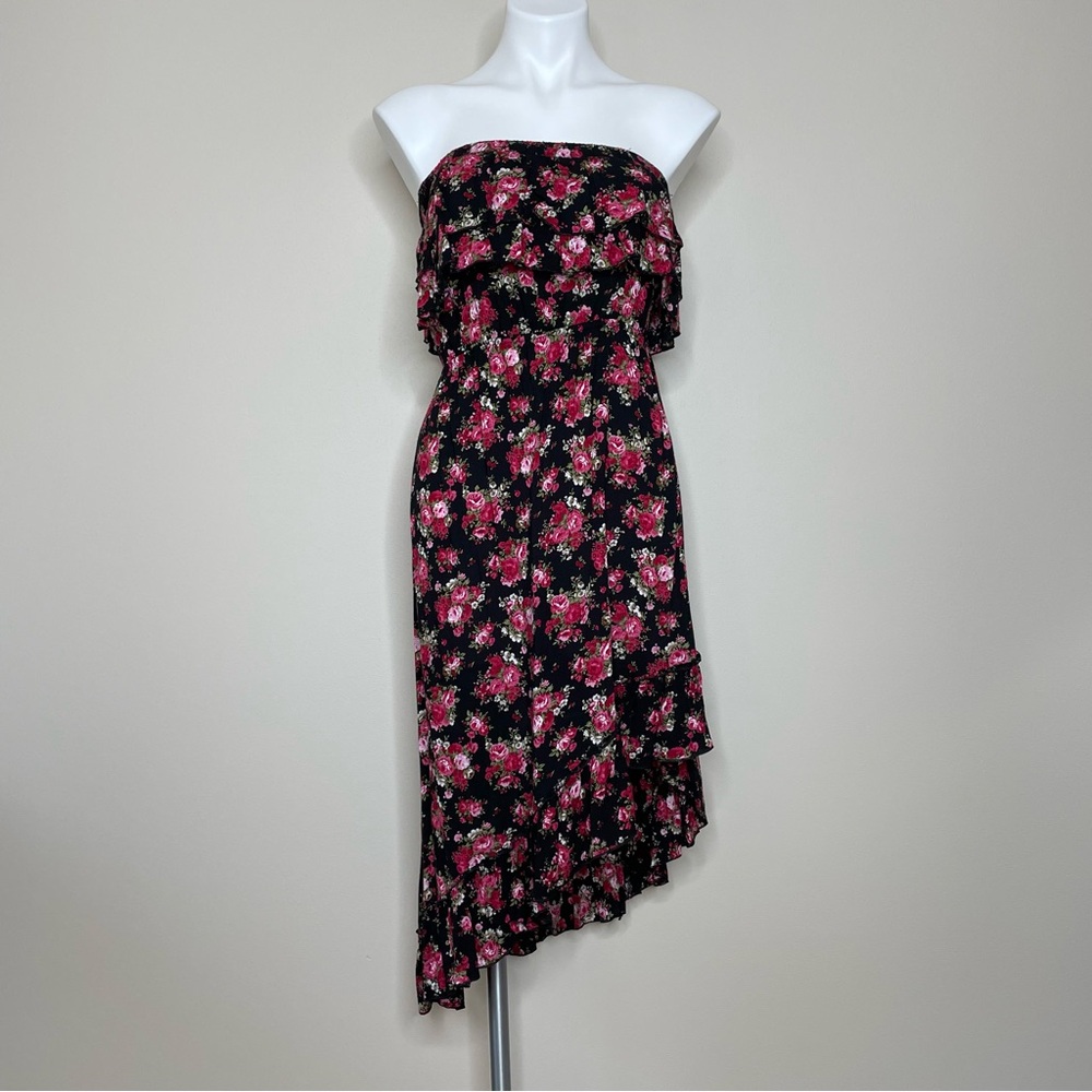Rue21 Strapless Dress Red Floral Pattern Ruffled Top Edge and Asymmetric Hem